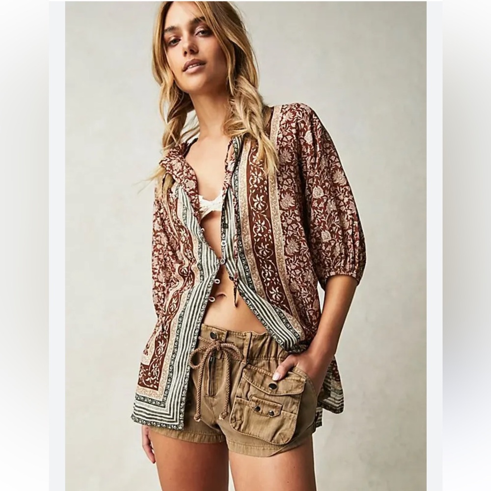 FREE PEOPLE We The Free Batik Border Bohemian Brown Floral Women's Top
